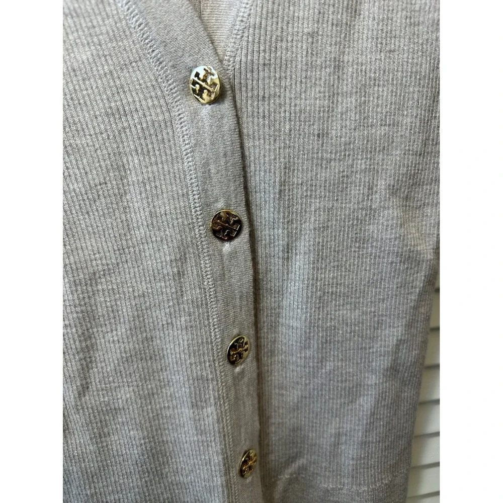 Tory Burch Merino Wool Ribbed Cardigan Beige Gold Logo Button 14123179 Sz S(A)